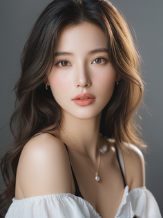 Woman with long wavy hair wearing an off-shoulder top and a pearl necklace