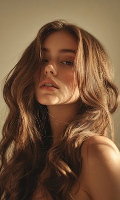 Woman with long wavy brown hair and soft lighting on her face and shoulder