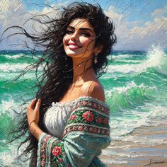 Woman with long dark hair smiling on a beach with ocean waves in an oil painting style
