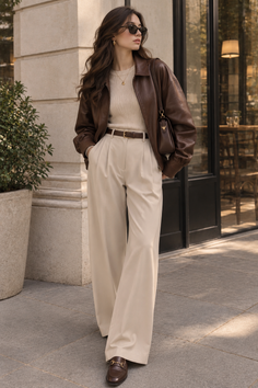 Woman in a brown leather jacket and wide leg pants on a city street