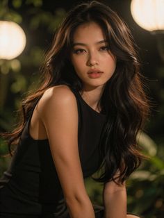 Woman with long dark hair in a black dress with soft lighting and bokeh