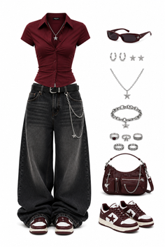 A full outfit featuring a maroon shirt, baggy jeans, and star-themed accessories