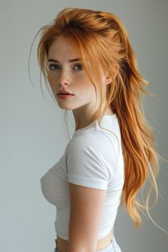 Woman with red hair and freckles in a white t-shirt with a provocative pose