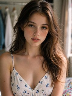 Woman with long brown hair and freckles wearing a floral dress indoors