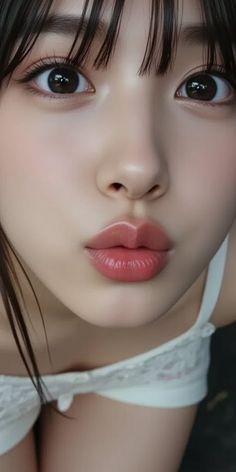 Close-up portrait of a woman with pursed lips and bangs, wearing a white top