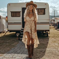 Woman in a floral dress, cowboy hat, and boots walking on a path in front of a trailer