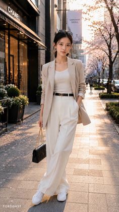 Woman in a blazer and wide leg pants on a street with cherry blossoms