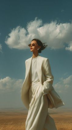 Woman in a white suit and sunglasses standing in a golden field under a blue sky