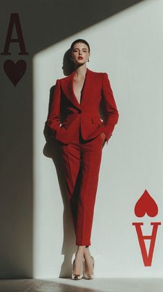 Woman in a red suit with an ace of hearts motif on the wall