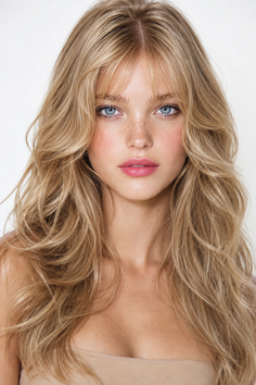 Woman with long wavy blonde hair and blue eyes, with freckles on her face