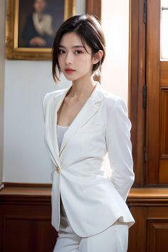 Woman in a white suit with short hair in an indoor setting