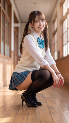 Woman in a school uniform with pigtails and thigh-high socks squatting indoors