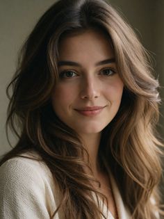 Woman with long wavy brown hair wearing a white top, smiling at the camera