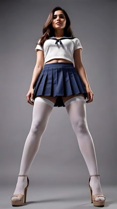 Woman in a school uniform with a pleated skirt and white thigh highs