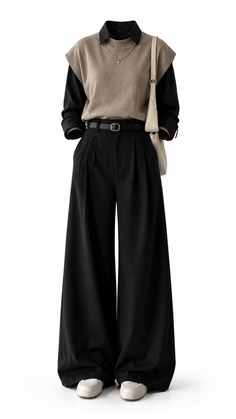 Full body shot of a minimalist outfit with a black shirt, beige vest, and wide leg pants