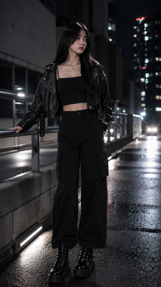 Woman in a black leather jacket and cargo pants on a wet city street at night