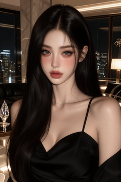 Woman with long black hair in a black dress indoors at night