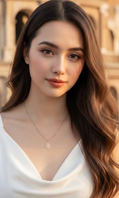 Woman with long wavy hair wearing a white dress and necklace in golden hour light