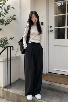 Woman in a long sleeve shirt and wide leg pants standing outdoors