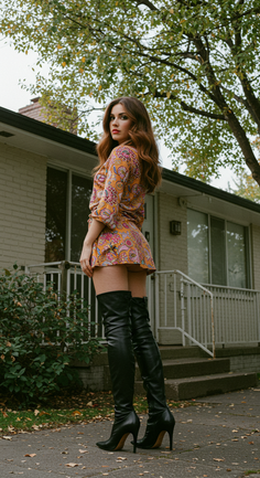 Woman in a patterned mini dress and thigh-high boots outdoors