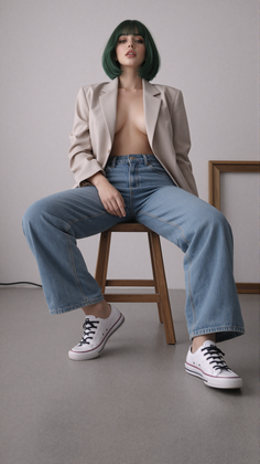 Woman with green bob hair wearing an open blazer and jeans, sitting on a stool