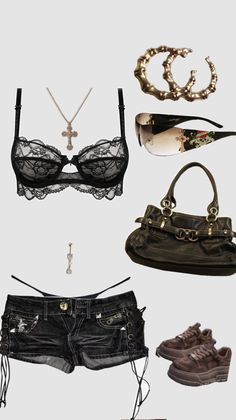 Collection of clothing and accessories including a lace bra and denim shorts