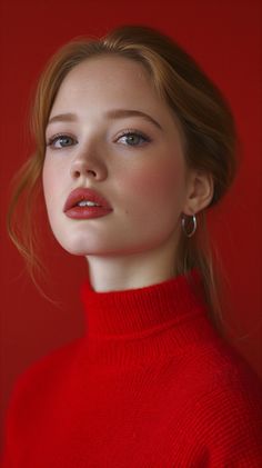 Woman with red lipstick and a red turtleneck against a red background
