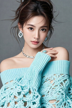 Woman in an off-shoulder crochet top with jewelry and an updo hairstyle