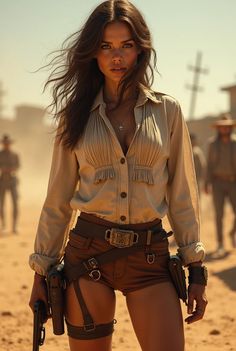 Woman in a cowgirl outfit with a pistol in a desert setting