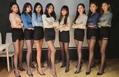 Group of women in office wear and pantyhose posing indoors
