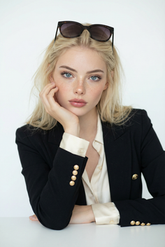 Blonde woman with blue eyes and freckles wearing a black blazer and sunglasses on her head