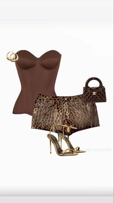 Fashion flat lay with a brown corset, animal print shorts, and gold accessories