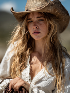 Woman with long blonde hair and freckles wearing a cowboy hat and white shirt