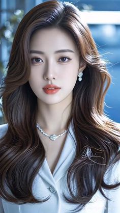 Woman with long brown hair wearing a white top and jewelry