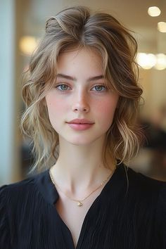 Young woman with blonde hair and green eyes wearing a black top and necklace