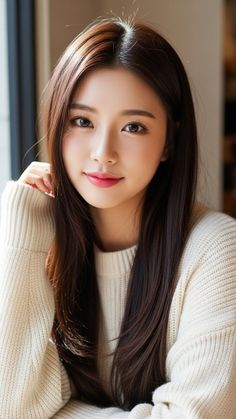 Woman with long dark hair wearing a white sweater, looking at the camera