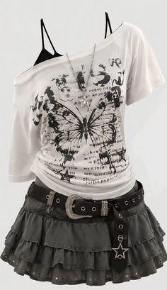 Mannequin wearing an off-shoulder top with a butterfly print and a ruffled skirt