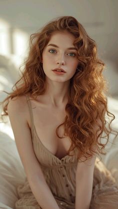 Woman with long red hair and blue eyes in a light-colored dress