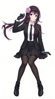 Anime girl in a black suit with a pleated skirt and flower hair accessory