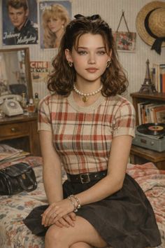 Woman with short curly hair wearing a plaid shirt and pearl necklace indoors