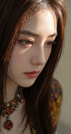 Close up portrait of a woman with long hair and colorful jewelry
