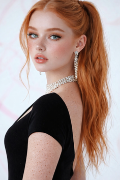Woman with red hair, blue eyes, and freckles wearing a black top and jewelry