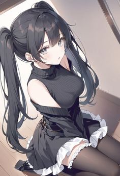 Anime girl with black twin tails wearing a sleeveless top and short dress