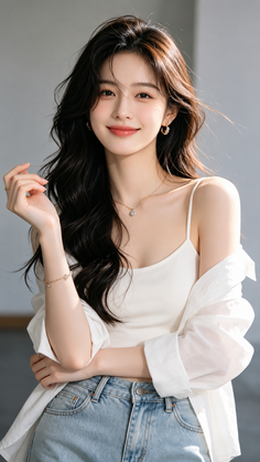 Woman with long dark hair wearing a white camisole, blue jeans, and a white shirt