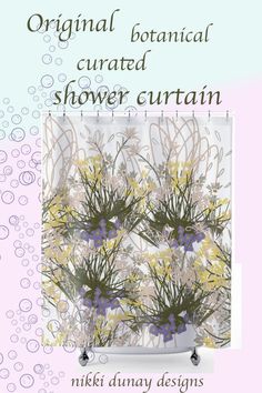 Shower curtain with a botanical floral pattern on a white background