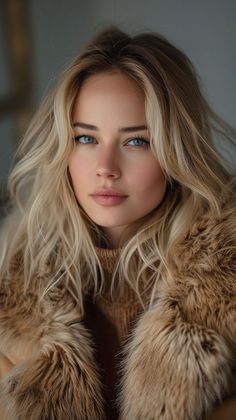 Woman with blonde hair and blue eyes wearing a fur coat