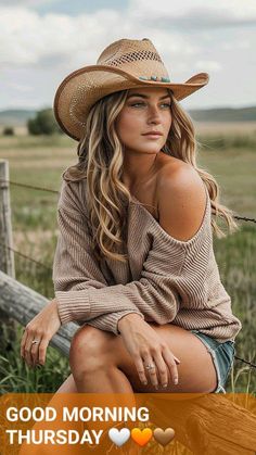 Woman in a cowboy hat and off-shoulder top outdoors