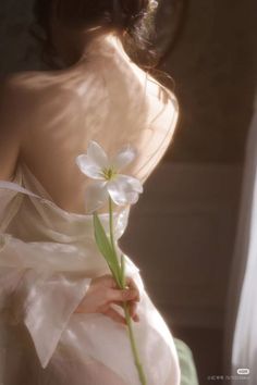 Woman with exposed back holding a white flower, soft lighting