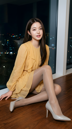 Woman in a yellow dress and pantyhose sitting on a wooden floor at night