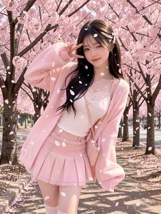 Anime girl in a pink outfit posing under cherry blossom trees with falling petals
